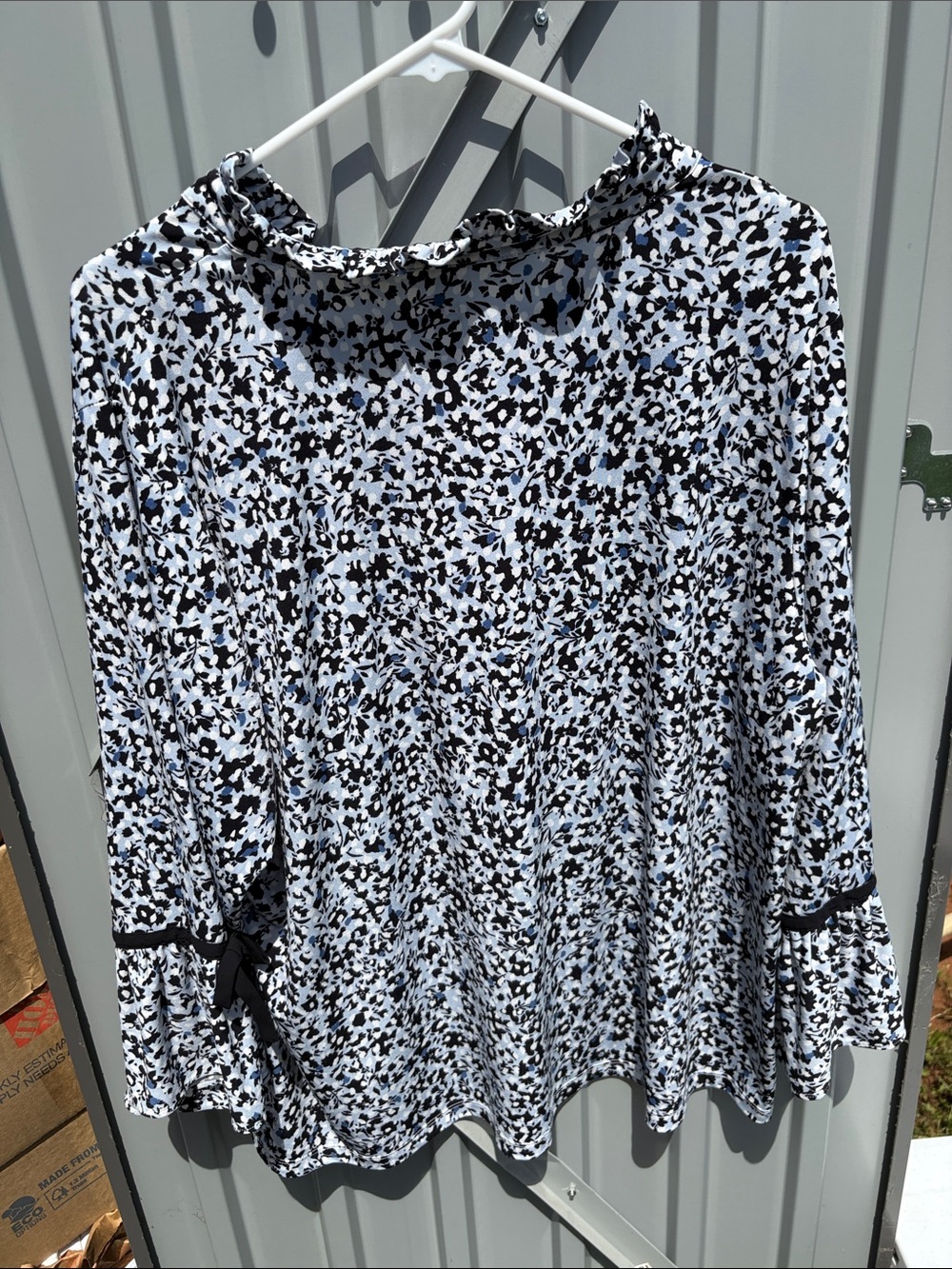 Karl Lagerfeld Light Blue and Black Floral Tie-Neck Blouse - Picture 2 of 3